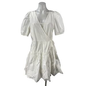 J.Crew White Short Puff Sleeves V Neck Side Tie Mini A-Line Wrap Dress Size S
